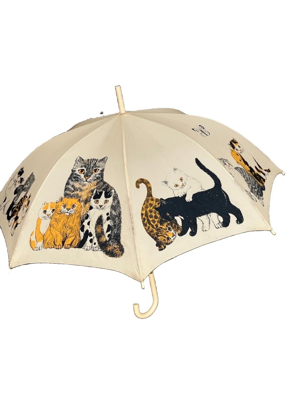 Vintage 1980s Cat Lovers Umbrella Retro Kitten Print Parasol Beige Black